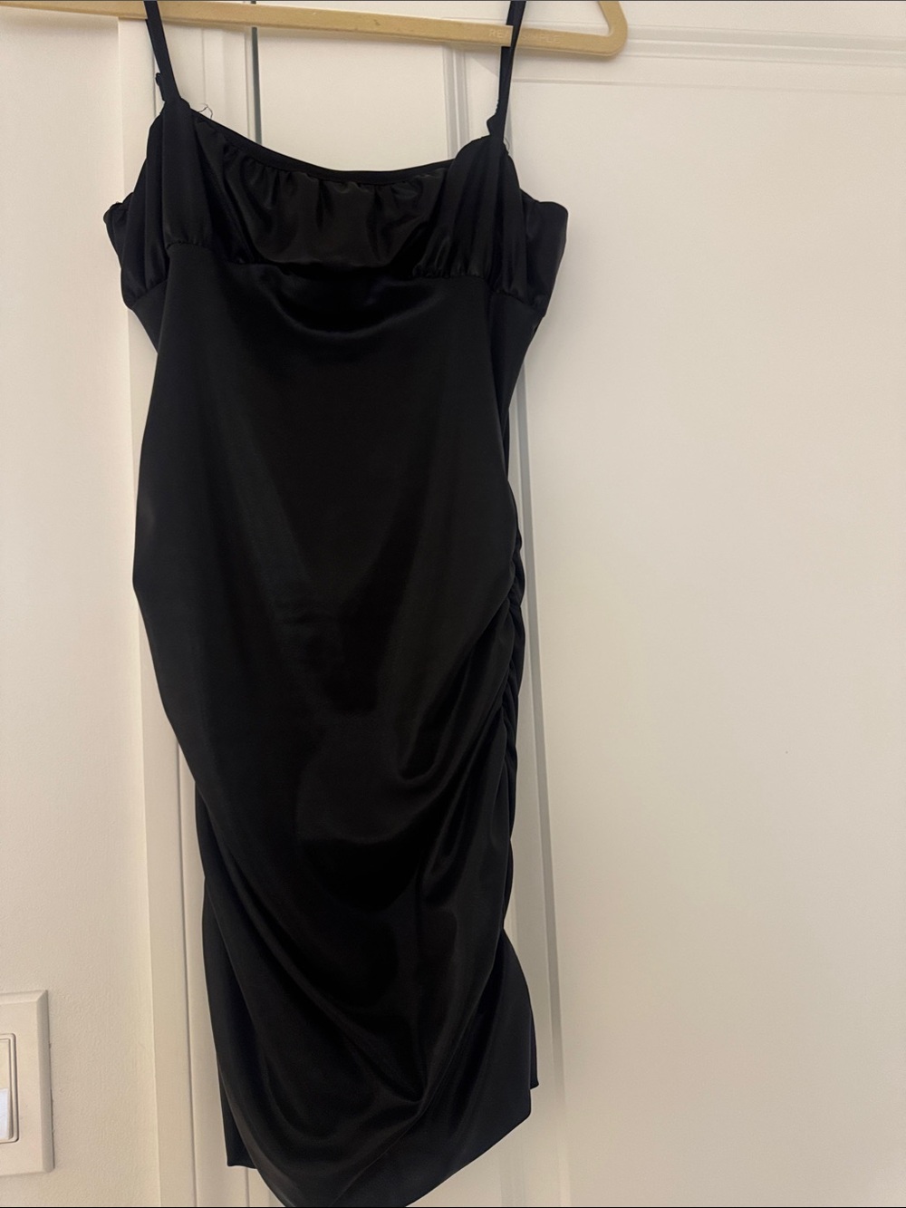 Elegant Black Satin Midi Slip Dress with Ruched Side